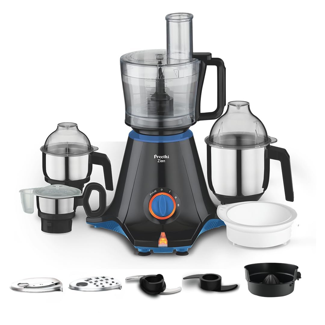 Preethi Zion 750 Watts Mixer Grinder, 4 Jars (1 Food Processor Jar, 3 Stainless Steel Jars + Flexi Lid), Atta Kneading, Powerful Grinding,2 Year Warranty,Preethi’s flagship Lifelong Free Service,Black