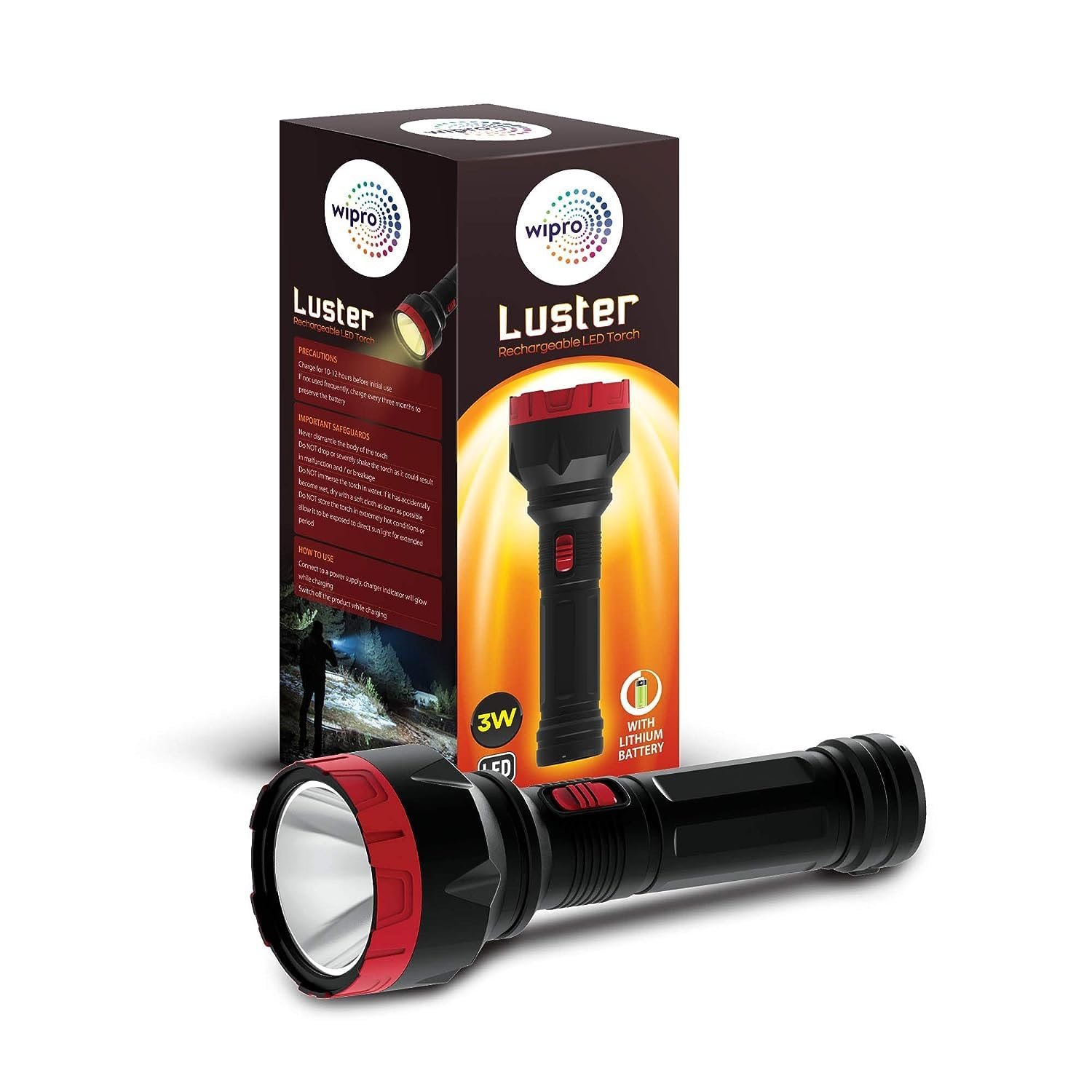 wipro Luster 3W Led Bright Rechargeable Torch with LED Light | Dimmable Emergency Torch Light with 1200 mAH Li-Ion Battery | Compact Torch with 2 Step of Brightness | Red | Pack of 1