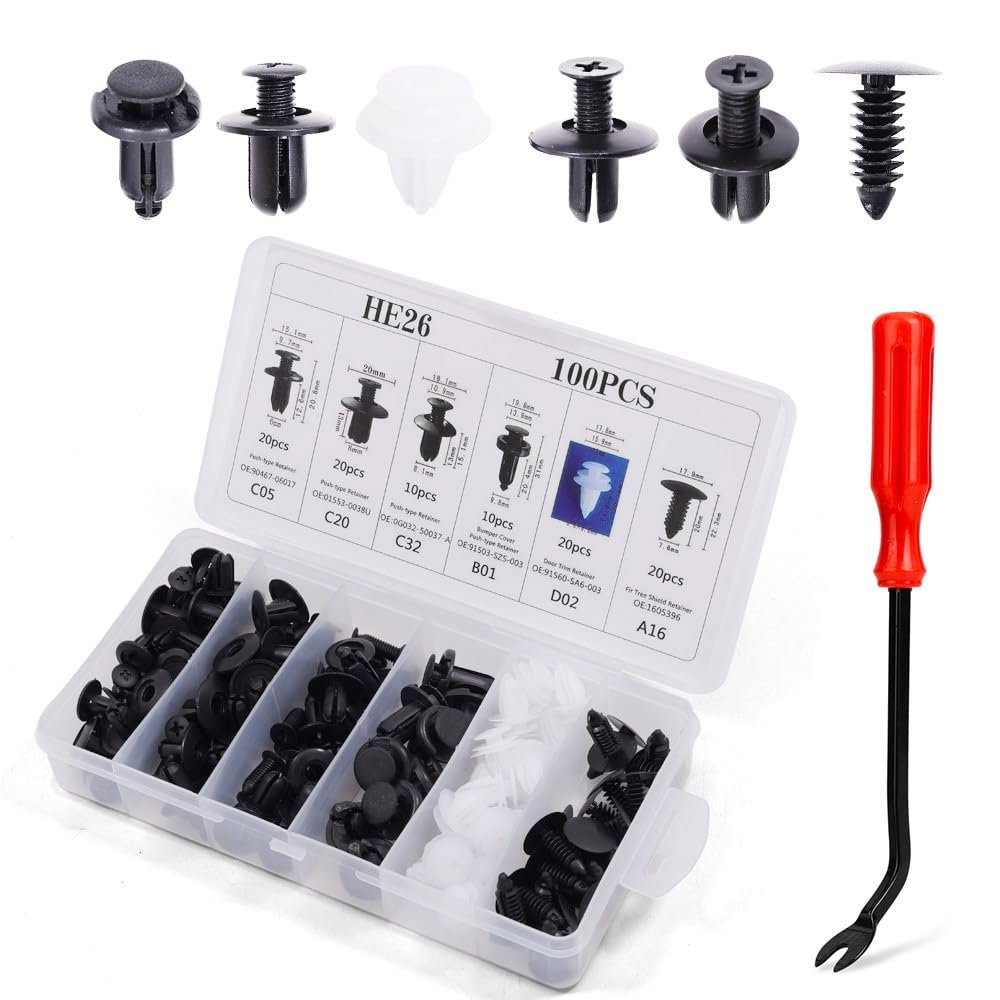 100 PCS Bumper Retainer Clips Car Rivets Fasteners Retainer Kit and 1 Fastener Removers Most Popular Sizes Auto Push Pin Rivets Set -Door Trim Panel Fender Clips for GM Ford Toyota Honda Chrysler