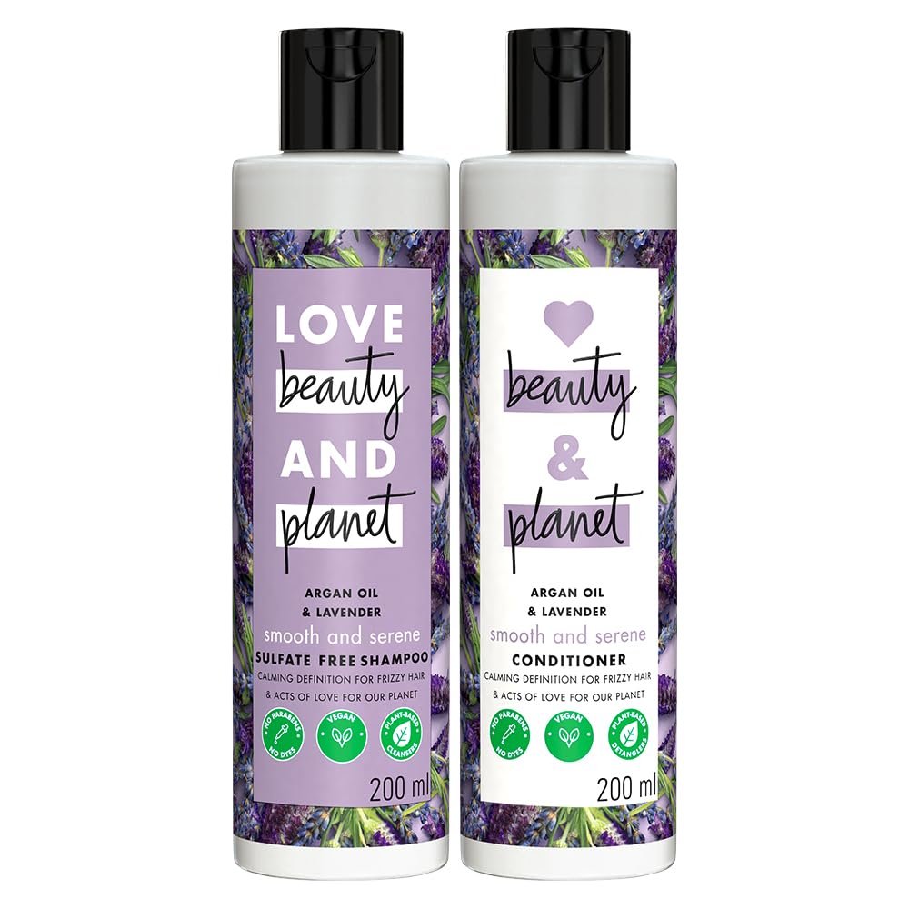 Love Beauty & Planet Natural Argan Oil and Lavender Anti Frizz|| Smoothening Shampoo & Conditioner||No Parabens|| No Dyes|| 200ml