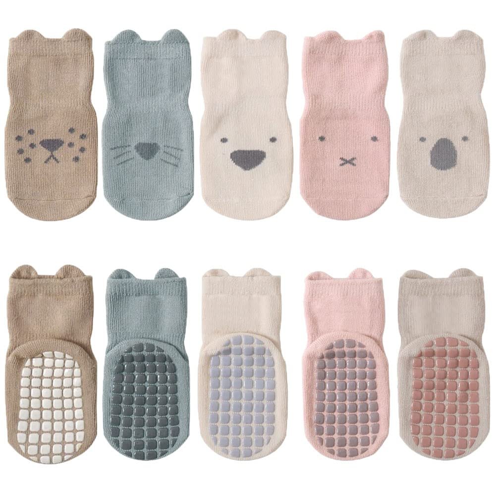 FedMois 5 Pairs Baby Kids Anti-slip Socks Cotton non skid Ankle Socks Animals, Multicolor, 1-3 Years