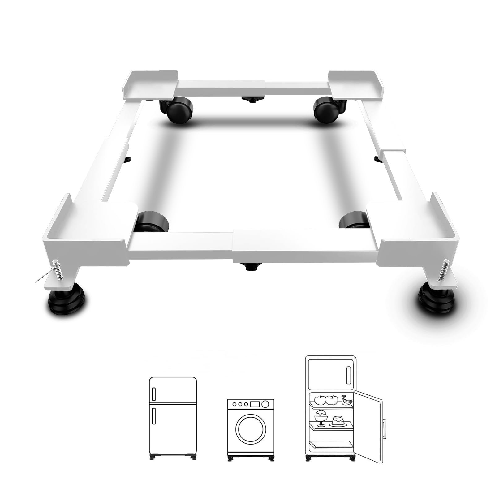 Smart Shelter Washing Machine Trolley for Fully and Semi Automatic, Front or Top Load, Fridge and Dishwasher Stand, Adjustable Metal and Wheels, Capacity 170Kg, White (Min:16.5″x19.5″,Max:25.5″x32″)