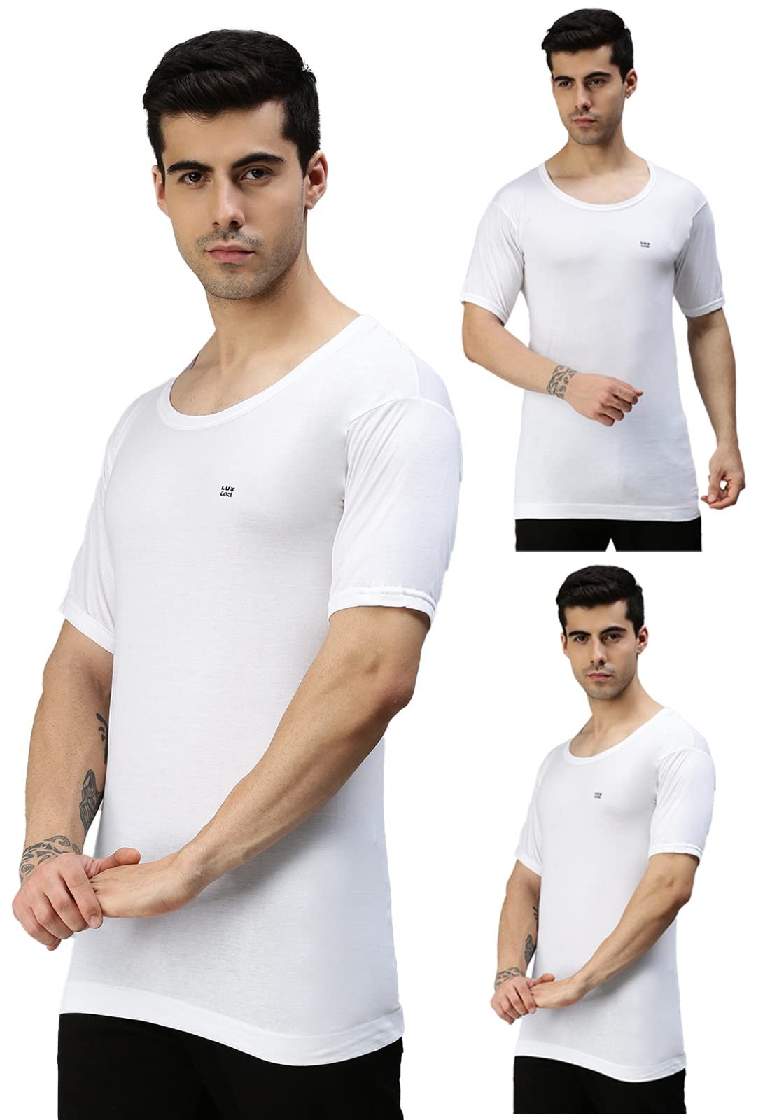 Lux Cozi Men’s Half Sleeve Vest Pack of 3 | Cotton Round Neck Vest for Men | White Cotton Banyan | Soft, Breathable & Lightweight Men’s Innerwear