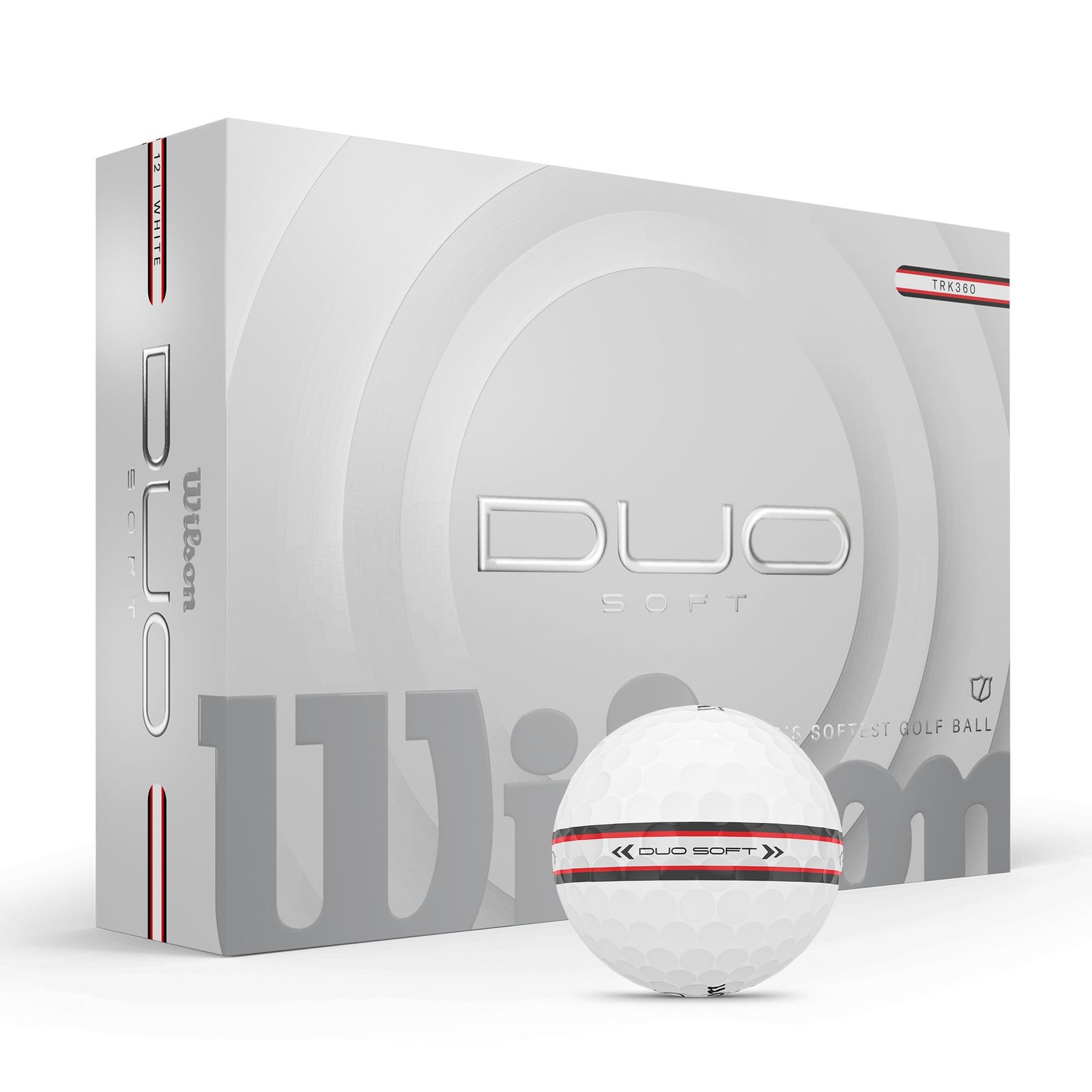 WILSON 2025 Duo Soft TRK360 Golf Balls – White/Red Stripe, 12 Balls