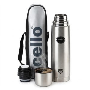 CELLO Lifestyle Insulated Stainless Steel Flask with Jacket 1000 ml Silver | Spill Proof Easy Press and Pour Lid, Double Wall Vacuum Insulated Hot and Cold Water Bottle with Travel Office Gym Trekking