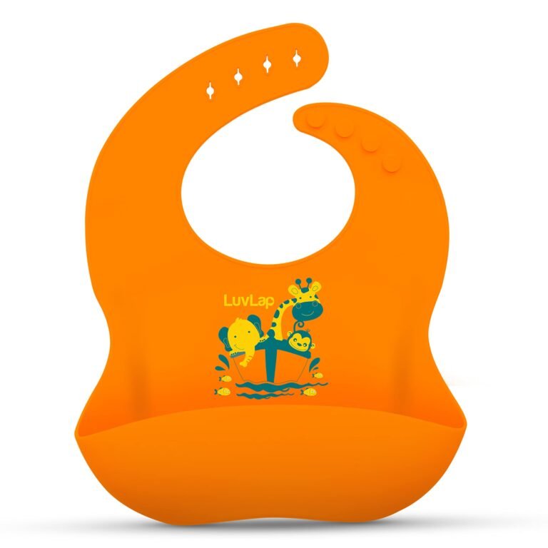 LuvLap Waterproof Silicone Baby Bib for Feeding & Weaning, Adjustable Neckline with Buttons, BPA Free, Washable & Reusable, 6-36 Months, Soft, Mess Proof Baby Feeding Bib, Odourless, Orange