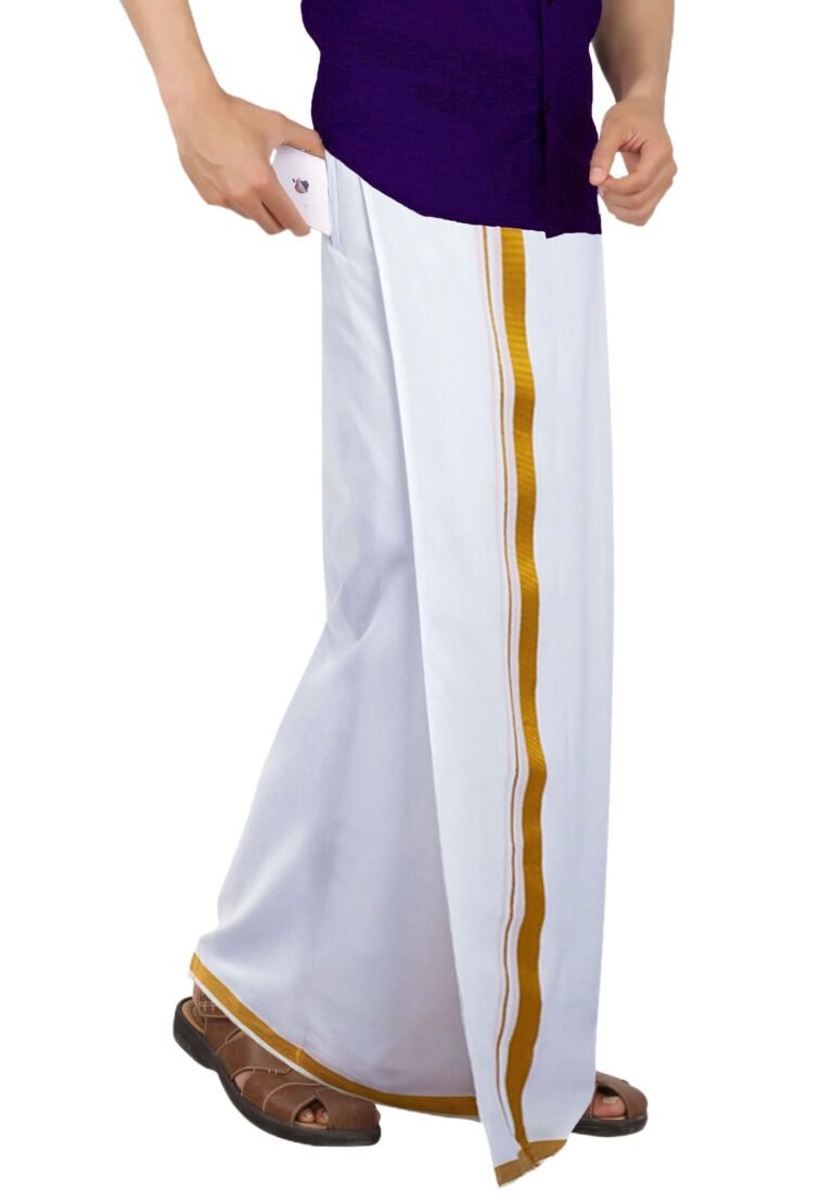 PRAKASAM COTTON -Welcro pocket dhoti for mens/Jari border welcro pocket Stitched Dhoti for Mens