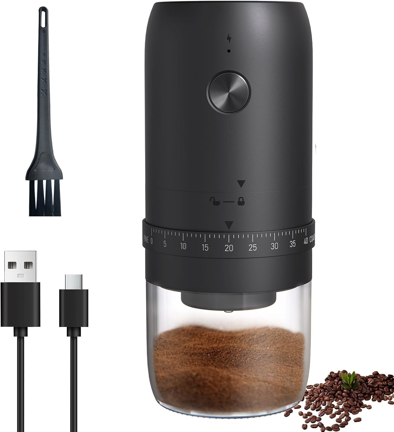 Cordless Electric Coffee Grinder with 40 External Grind Settings, Portable Conical Ceramic Burr Grinder for Espresso & French Press, Spice Grinder with 1800mAh Rechargeable Battery (Black)