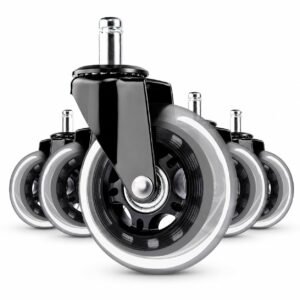 Equal 3 Inch Office Chair Wheels Set of 5 – Rollerblade Caster Wheels for Office Chair, 5 Year Warranty, Universal 11/22mm Stem, PU Rubber, Safe for Hardwood & All Floors (Black)