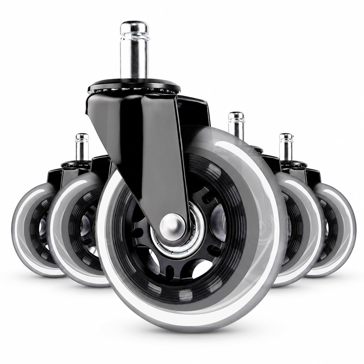Equal 3 Inch Office Chair Wheels Set of 5 – Rollerblade Caster Wheels for Office Chair, 5 Year Warranty, Universal 11/22mm Stem, PU Rubber, Safe for Hardwood & All Floors (Black)