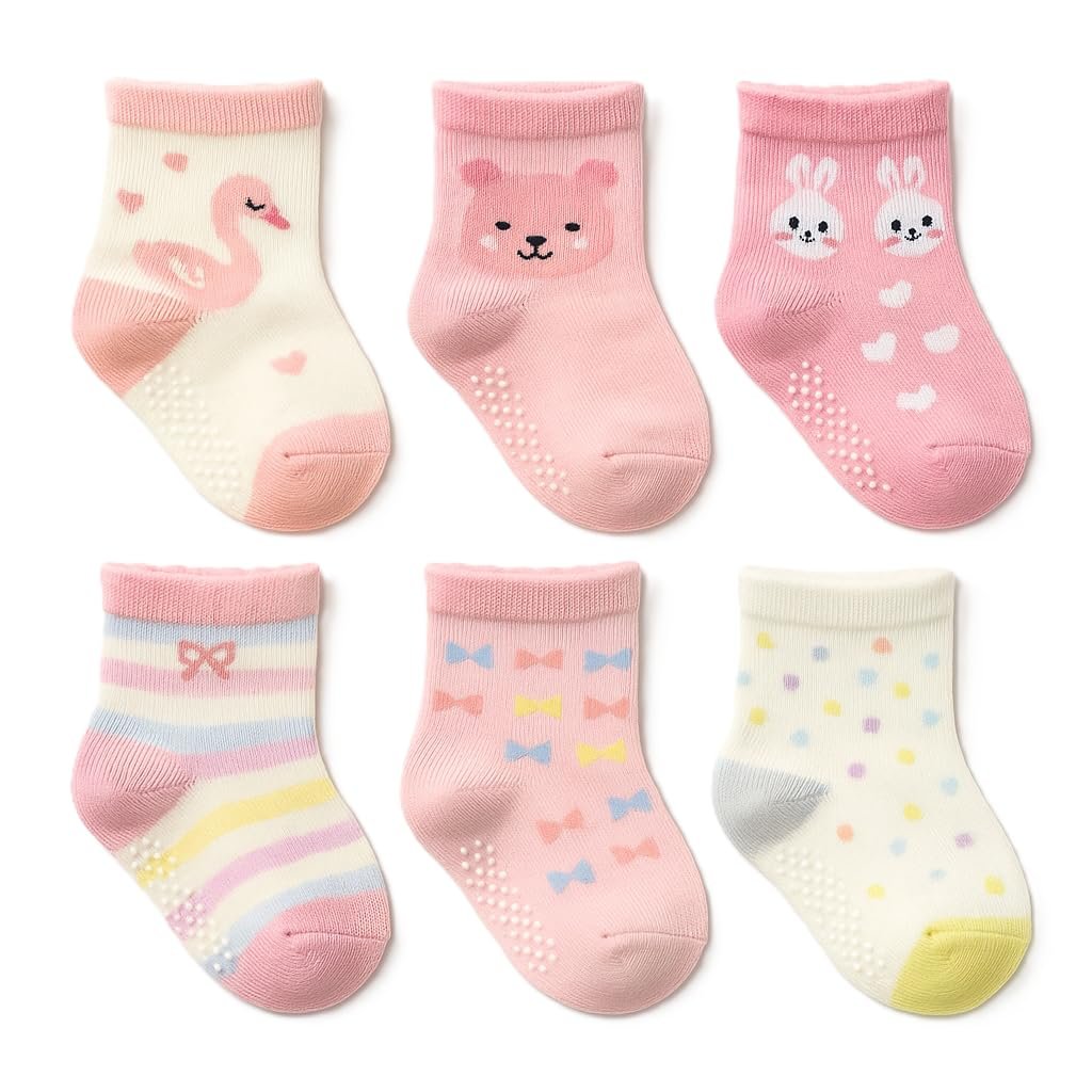 Cutealby Baby Anti-Slip Cotton Socks, 6 Pairs, Mix-Print