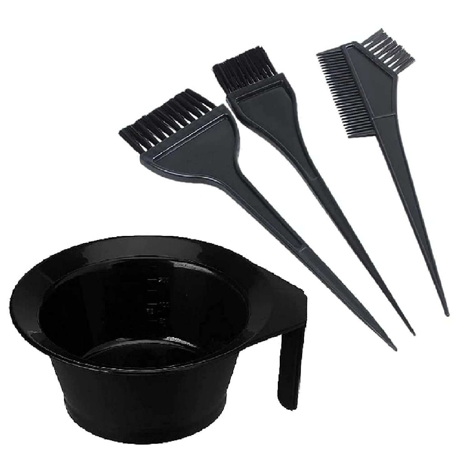 AVNISH 4 pc of Hair Color Comb, Professional Easy Application Dye Brush and Styling Color Mixing Bowl Colouring & Bleaching at Home Perfect Accessories (Black) (Hair dye Bowl and 3 Brush)
