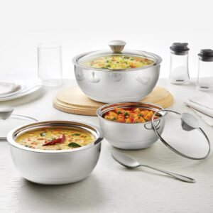 Borosil Stainless Steel Curry Server (Silver, 500ml, 900ml, 1.5L) – 3 Pc Set