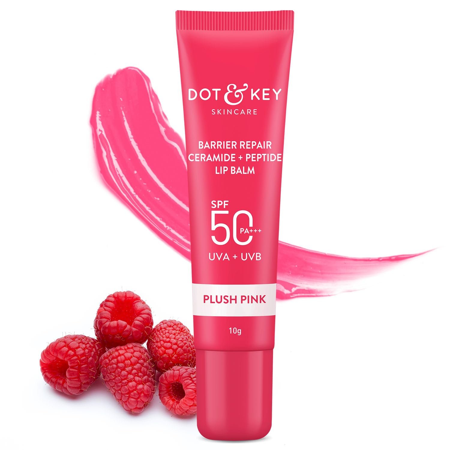 Dot & Key Ceramide & Peptide Barrier Repair Lip Balm SPF 50, PA+++ | Plush Pink | UVA/UVB Protection | Soft Tinted Lip Moisturizer | Boosts Collagen & Instantly Plumps Lip | Prevents Pigmentation | 10gm