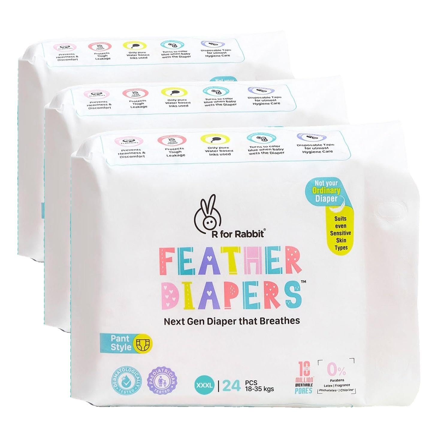 R for Rabbit Pant Style Feather Diaper XXXL Size for Baby 18+ kgs 24 Units (24 Count, Pack Of 3)
