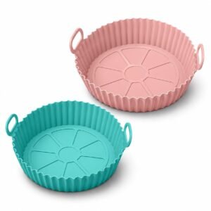 Xacton 2 PCS Silicone Air Fryer Tray 8 Inch | Round Reusable Non-Stick Air Fryer Liner with Ear Handles | Heat Resistant Baking Tray Insert | Silicone Basket for Cooking & Oven Accessories