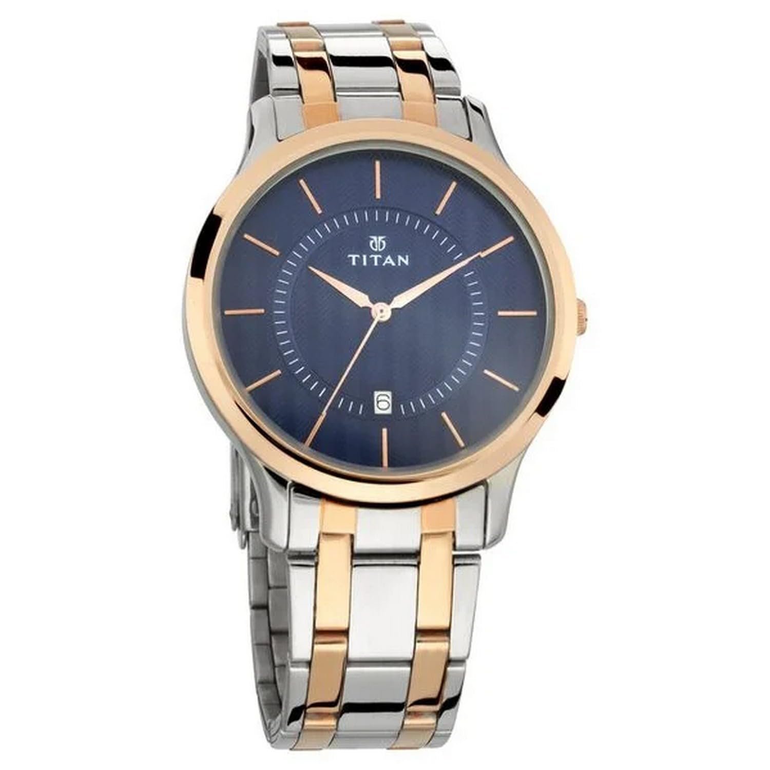 Titan Karishma Quartz Analog With Date Blue Dial Two Toned Silver & Rose Gold Stainless Steel Strap Watch for Men – NT1825KM01