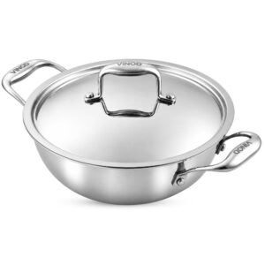 Vinod Triply Stainless Steel Kadai for Cooking with Lid – 24 cm, 2.5 Litre