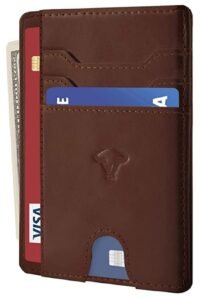 Contacts Genuine Leather Slim Wallet | RFID Blocking Skinny Minimal Thin Front Pocket Wallet Sleeve Card Holder for Men | Up to 7 Card Slots Including 1 ID Window (Brown)