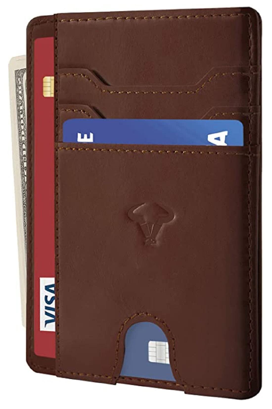 Contacts Genuine Leather Slim Wallet | RFID Blocking Skinny Minimal Thin Front Pocket Wallet Sleeve Card Holder for Men | Up to 7 Card Slots Including 1 ID Window (Brown)