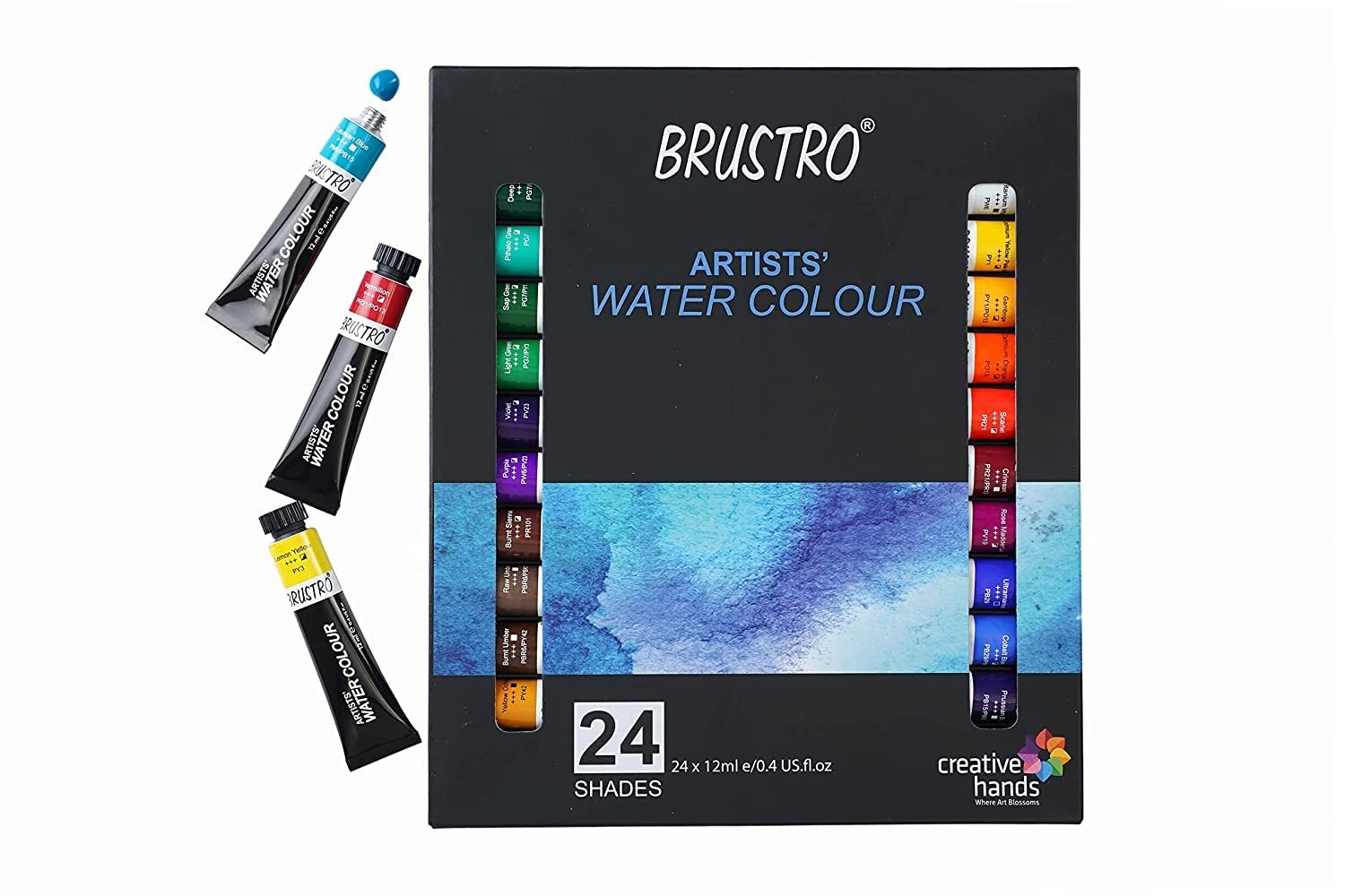 BRUSTRO Artists Watercolour Paint Set of 24x12ML Tubes|Rich Pigments,Transparent,Intermixable Color |Ideal for Landscape,Portrait,Paper Painting,Professional,Fine Art