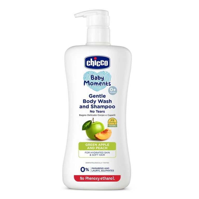Chicco Baby Moments Gentle Bodywash & Shampoo with Green Apple & Peach, 500ml | Head-to-Toe | No Tears Formula | Hydrated Skin & Hair | Dermatologically Tested | Parabens & Phenoxyethanol Free