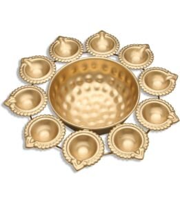 R Ayurveda Copper Diya Shape Flower Decorative Urli Bowl for Home Handcrafted Bowl for Floating Flowers and Tea Light Candles Home Table| Diwali Decoration (10 Inches) Magnetic Steel, Gold, 1 liters