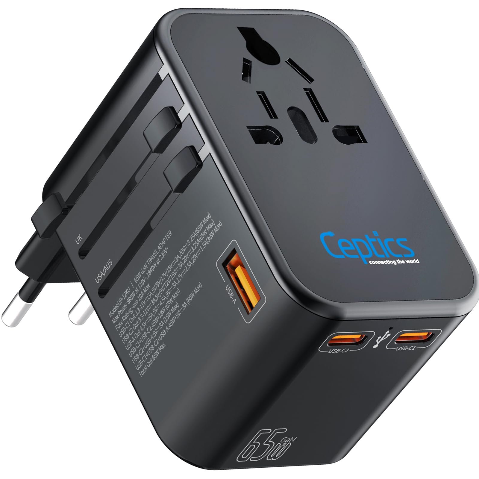 Ceptics Universal Charger Adapter with Type C 65W Laptop/MacBook Mobile Charging, 4 in 1 International Travel Adapter, 1 USB 2 USB-C W/3.1A Max, 10 Years Warranty, Worldwide Travel Adapter, Black