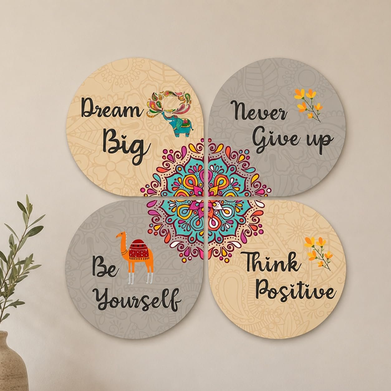 Artvibes Dream Big Quotes Wooden Wall Hanger | Quotes Decor Item | Motivational Wall Decor | Wall Poster | Art Piece | Graphic Art | Gift Items | Office Wall Decoration Items (WH_8407N), Set of 4