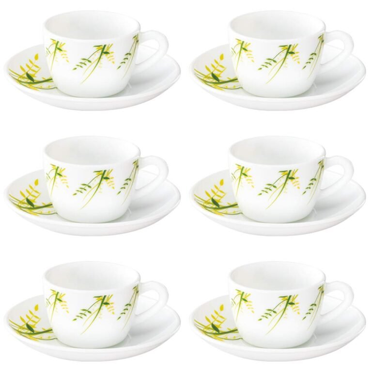 Larah By Borosil – Green Hub (LH) Cup and Saucer Set, 145ml, 12-Pieces, White, Opalware