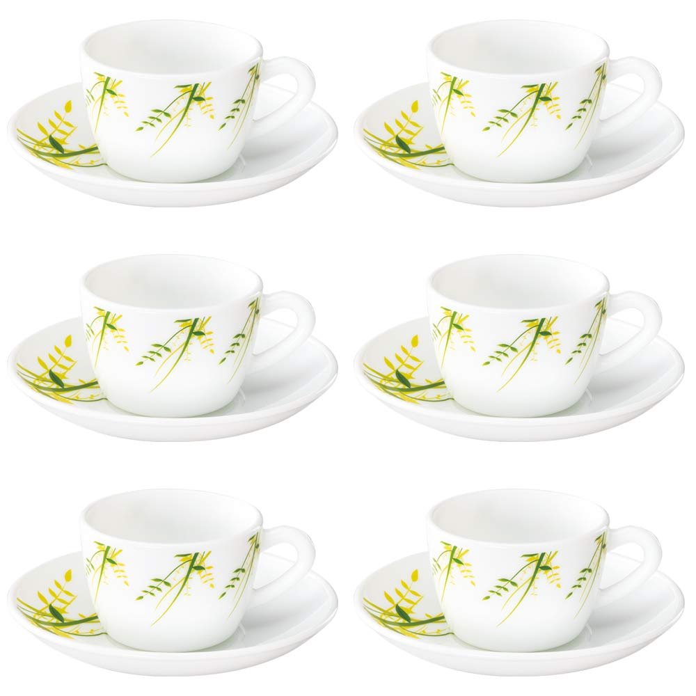 Larah By Borosil – Green Hub (LH) Cup and Saucer Set, 145ml, 12-Pieces, White, Opalware