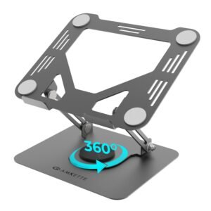 Amkette Ergo Hi-Rise V2 Laptop Stand 360 Rotation, Made with Premium Carbon Steel, Supports Up to 5kg Laptop, with Anti-Slip EVA Pads, Adjustable Height Laptop Stand Metal (Up to 27cm)