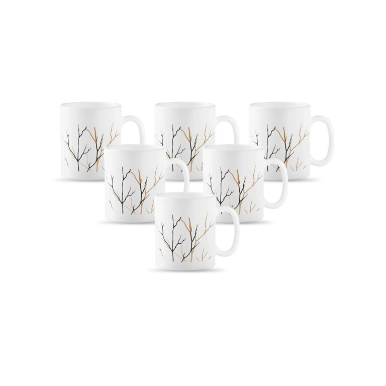 La Opala Diva, Opal Glass Coffee Mug Set Cylinder Regular 6 Pcs, Golden Fall, White, Standard – 180 Ml