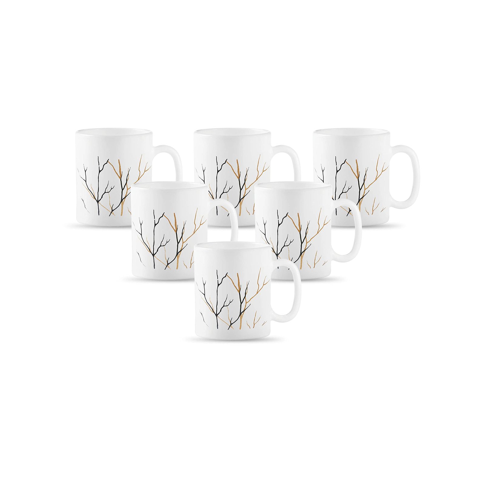 La Opala Diva, Opal Glass Coffee Mug Set Cylinder Regular 6 Pcs, Golden Fall, White, Standard – 180 Ml