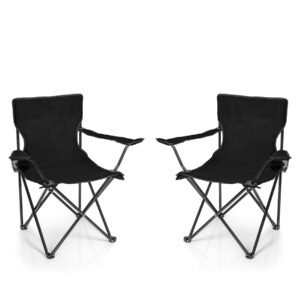 BigDean Black Metal Oxford Fabric 2 x Folding Chair with Drink Holder and Carry Bag – Camping, Fishing, Garden, Beach, Festival Chair
