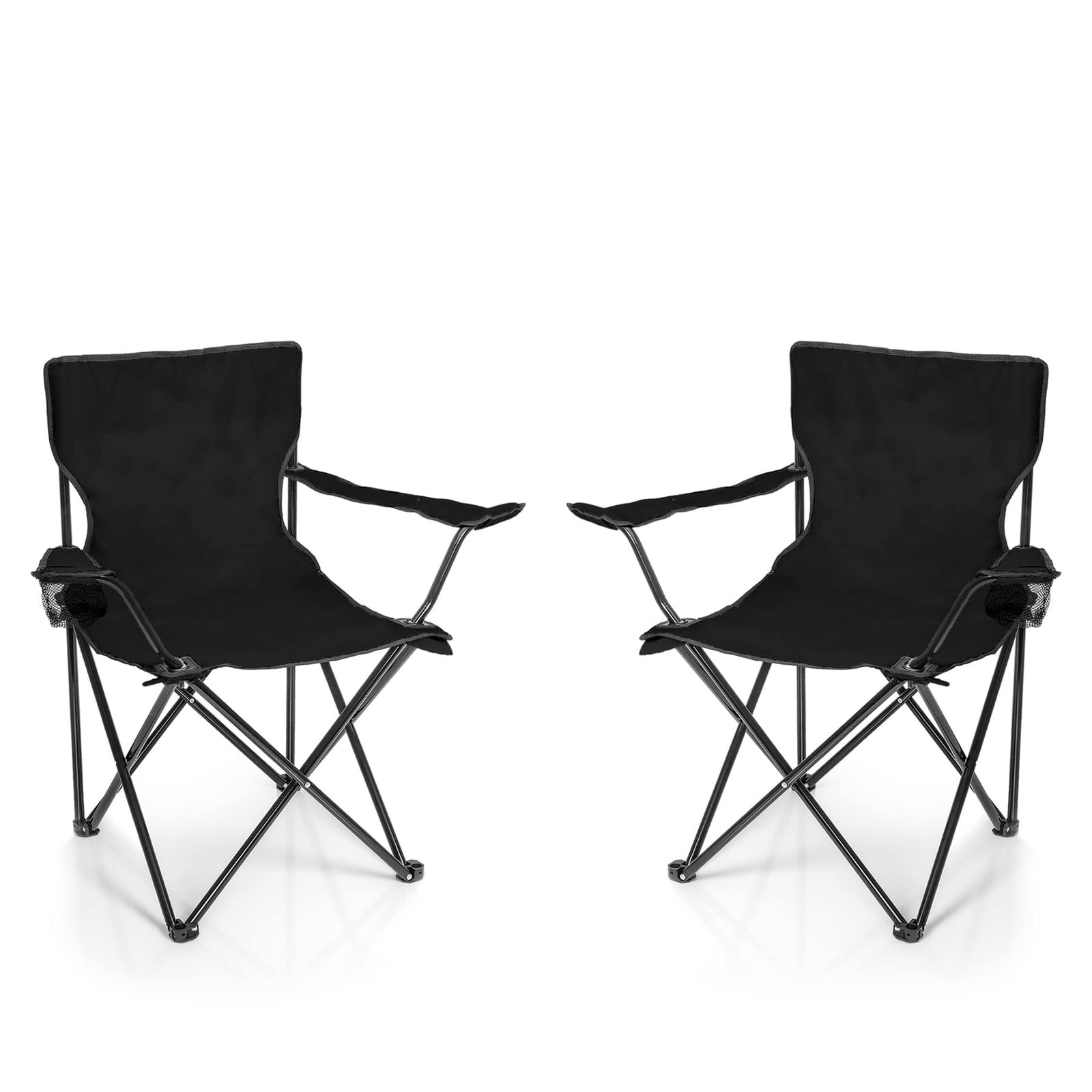 BigDean Black Metal Oxford Fabric 2 x Folding Chair with Drink Holder and Carry Bag – Camping, Fishing, Garden, Beach, Festival Chair
