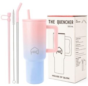 House of Quirk 1200ML Stainless Steel Tumbler with Handle & Lid, 2 Straws – Large Travel Mug Water Cup for Gym, Office & Outdoor Use (Cotton Candy Haze)