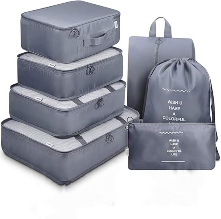 MONJAY 7pcs pouche Set Travel Organizer Packing Cubes Lightweight Travel Luggage Organizers with Laundry Bag or Toiletry Bag Laundry Organiser (7 PCS, Grey)
