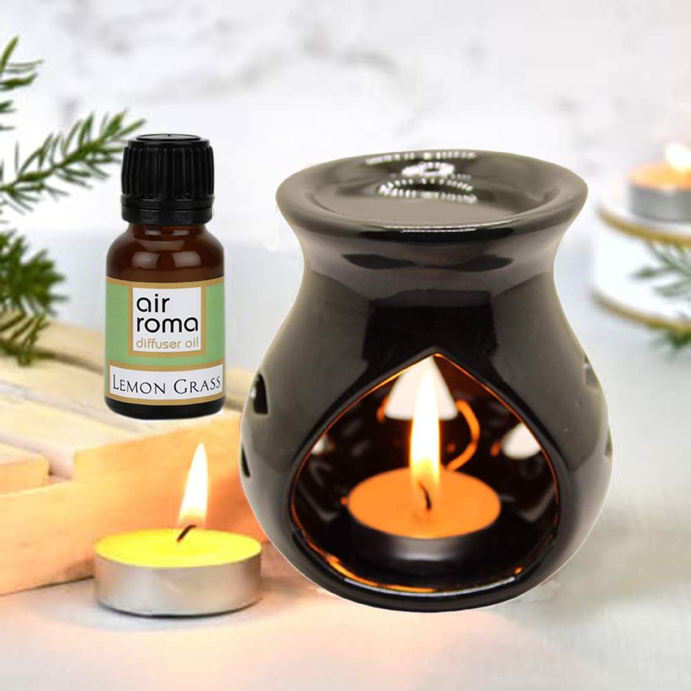 AIR-ROMA Air Roma Ceramic Aroma Black Diffuser Burner With 10Ml Lemon Grass Oil & 2 Pcs Candles | Strong & Long-Lasting Aroma – Fragrance