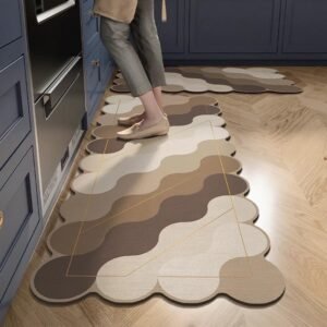 Dailyart 2 Piece Anti-Fatigue Kitchen Floor Mat Set, Cushioned Ergonomic Standing Rugs, Non Stick Oil-Proof and Easy Clean Kitchen Runner for Hardwood Floors (Cream and Brown)