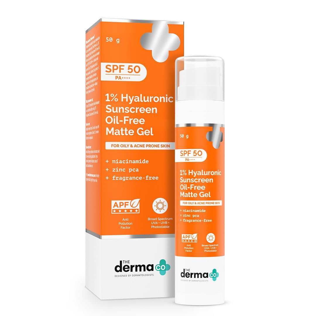 The Derma Co 1% Hyaluronic Sunscreen Oil-Free Matte Gel SPF 50 PA++++ | For Oily, Acne-Prone Skin | Lightweight Texture | No White Cast | Broad Spectrum Protection & Blue Light Protection | Non- Comedogenic | Clinically Tested – (In -Vivo) | Tan Protection | Anti-Pollution Factor | Photostable | Water & Sweat Resistant | For Men & Women | 50 g
