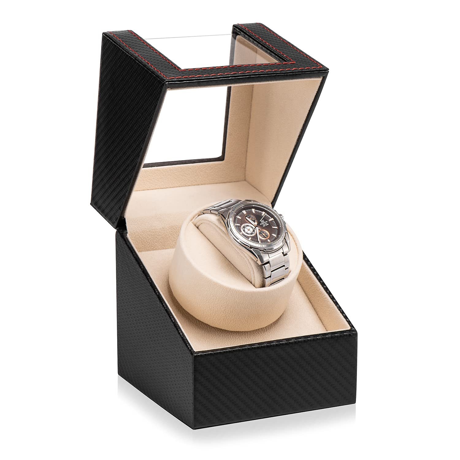 Men Automatic Single Analog Watch Winder In Black Carbon Fiber Leather With Japanese Mabuchi Quiet Motor,Ac Adapter Or Battery Powered
