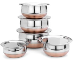 LIMETRO STEEL Stainless Steel Copper Bottom Cookware Set/Handi Set of 5 with Lids – (0.5 L, 0.75 L, 1 L, 1.5 L & 2 L)