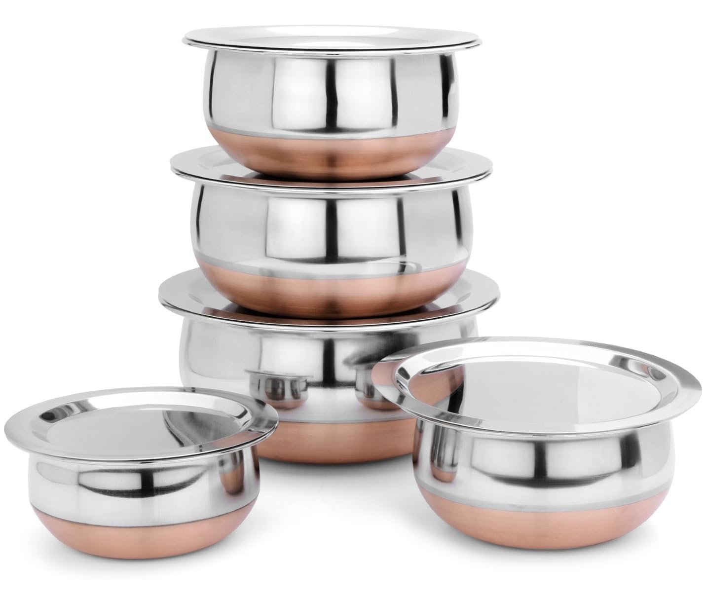 LIMETRO STEEL Stainless Steel Copper Bottom Cookware Set/Handi Set of 5 with Lids – (0.5 L, 0.75 L, 1 L, 1.5 L & 2 L)