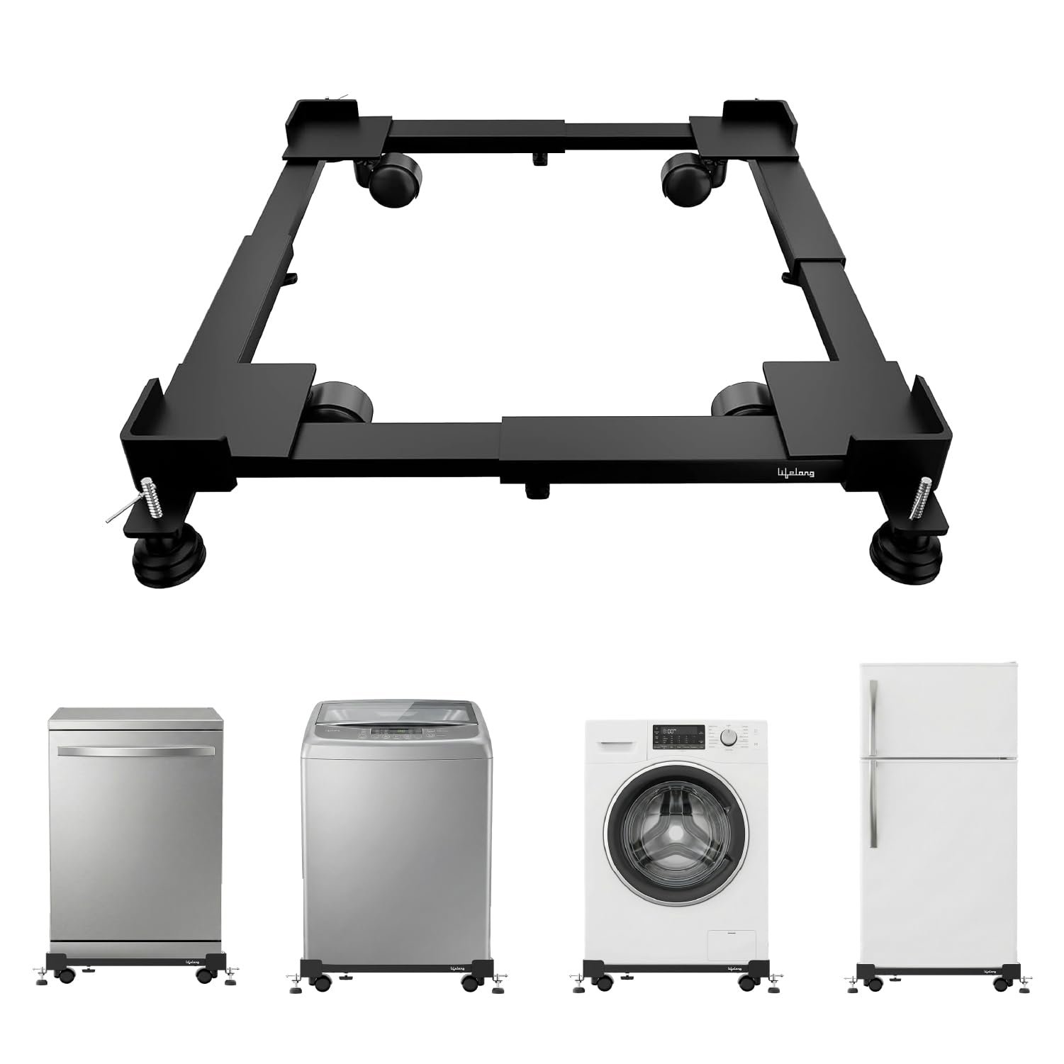Lifelong Adjustable Washing Machine Stand with Wheels, Heavy Duty Steel Trolley for 5 Kg to 12 Kg Top Load & Front Load Washing Machines | Fridge & Air Cooler Stand | 180 Kg Capacity | Anti Vibration Pads | Black