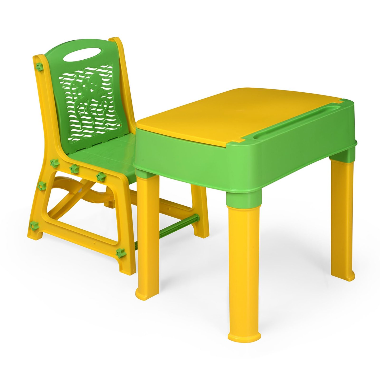 Nilkamal Plastic Apple Junior Study Table and Chair Set with Storage for Stationary | Laptop Desk | Dining Breakfast Table for Eating & Multipurpose | Suitable for 3 to 5 Years Age (Yellow & Greeen)