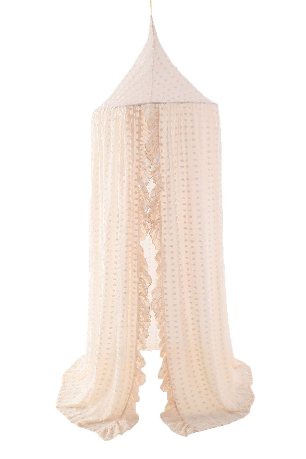 Wonder Space Elegant Kids Bed Canopy – Lace Chiffon Netting with Pom Pom, Princess Girls Fairy Dream Tent, Nursery Room Baby Crib Hanging Curtain Mosquito Net Children Reading Nook Decoration, Beige