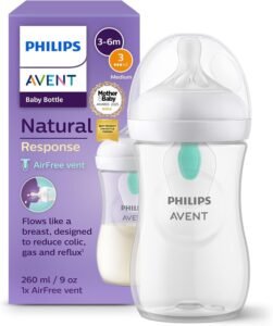 Philips Avent Natural Response Plastic Baby Bottle – 260ml Baby Milk Bottle with AirFree Vent | BPA Free for Newborn Babies Aged 1 Months+ (260ml Air Vent)
