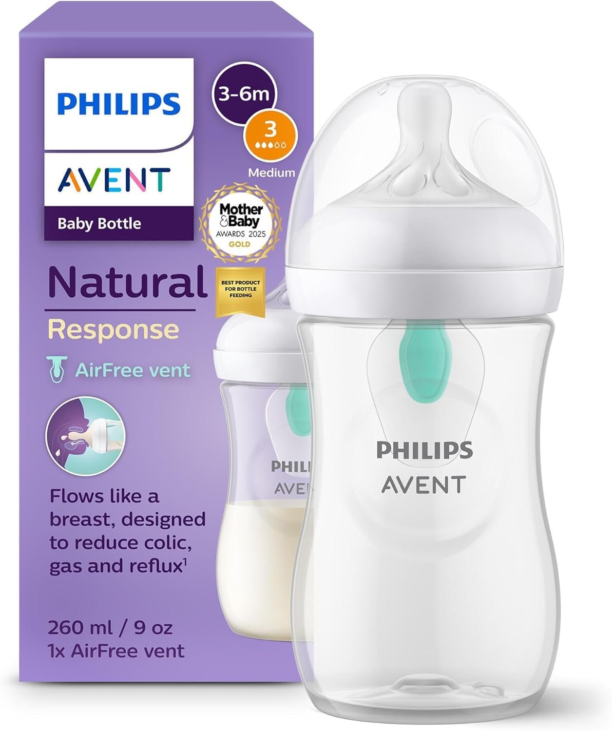 Philips Avent Natural Response Plastic Baby Bottle – 260ml Baby Milk Bottle with AirFree Vent | BPA Free for Newborn Babies Aged 1 Months+ (260ml Air Vent)