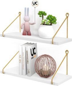 UHUD CRAFTS Wall Shelf for Living Room, Metallic Gold White Wall Mounted Shelves, Home Decor Items for Living Room/Bedroom, Set of 2
